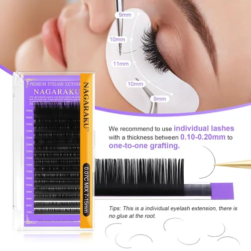 Miniatura 4 de NAGARAKU Extensiones de pestañas, pestañas individuales, 0.05mm, rizo D, 15mm, clásico, negro mate, suave, natural, profesional, 16 filas, 0.05-D