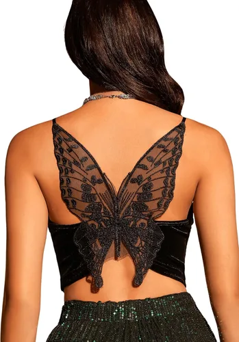 Miniatura 4 de SHENHE Camiseta corta sin mangas con cuello en V y malla de terciopelo para mujer