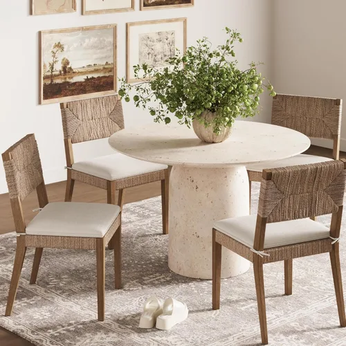 Miniatura 16 de Nathan James Bailey - Silla de comedor Boucle de 19 pulgadas, silla lateral tapizada con respaldo de ratán tejido natural y patas de madera maciza