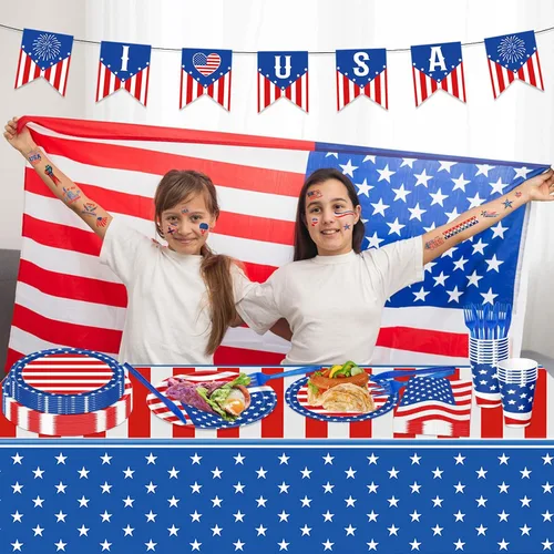 Miniatura 6 de 108 piezas de suministros para fiesta del 4 de julio, juego de vajilla con la bandera estadounidense, decoraciones patrióticas para fiestas