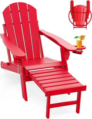 Miniatura 21 de GREENVINES Sillas Adirondack con Otomano Juego de 2 Grano de Madera Plegable Reposapiés Retráctil Plástico HDPE Silla para Hoguera Todo