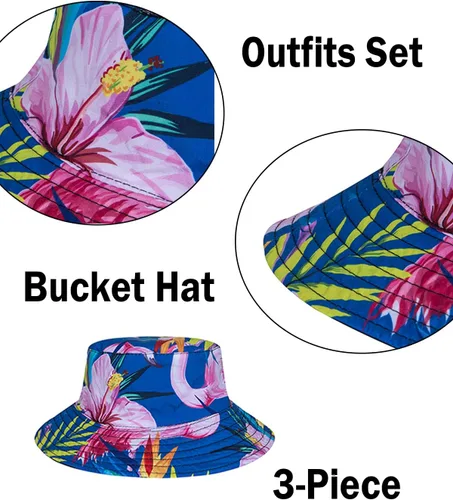 Miniatura 5 de TUNEVUSE Little & Big Boys - Conjunto de camisas hawaianas con botones y pantalones cortos con sombrero de pescador, trajes de verano estampados