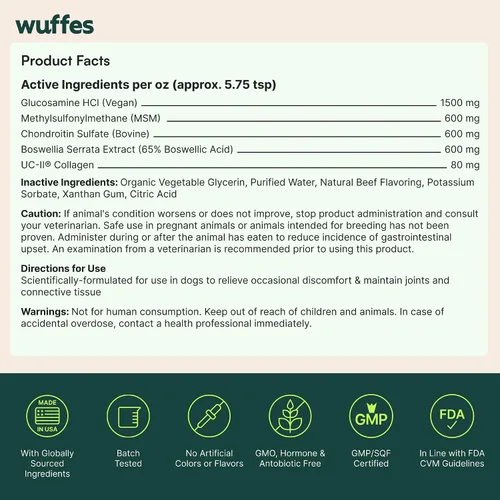 Miniatura 9 de Wuffes Líquido avanzado para articulaciones para perros, suplemento de apoyo para cadera y articulaciones con colágeno UC-II®, glucosamina