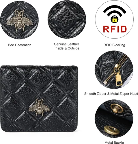 Miniatura 3 de Billetera para mujer, con bloqueo RFID, pequeña, compacta, plegable, de piel auténtica, con bolsillo, mini carteras para mujeres