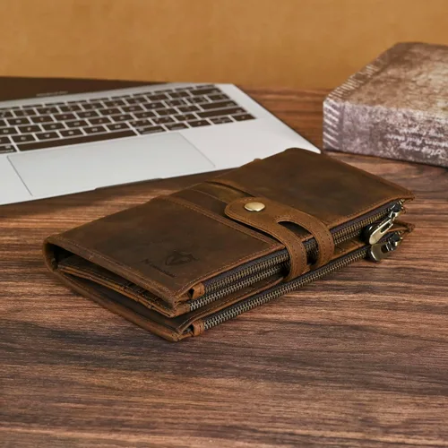 Miniatura 33 de Genuino Caballo Loco Cuero Regalo de Viaje Moneda Bolsillo Tarjetero Organizador Largo Cadena Rfid Cartera Monedero Con Broche Para Hombres Hombres