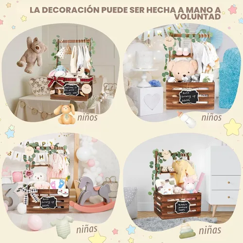 Miniatura 6 de Caja de madera para baby shower con asa y guirnalda, cestas de gran capacidad para baby shower, cestas de baby shower de fácil montaje
