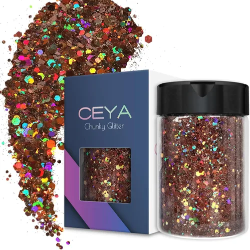 Ceya - Purpurina holográfica gruesa, 140 g / 4.9 oz, polvo de purpurina marrón para manualidades, mezcla de copos gruesos y finos, iridiscente,