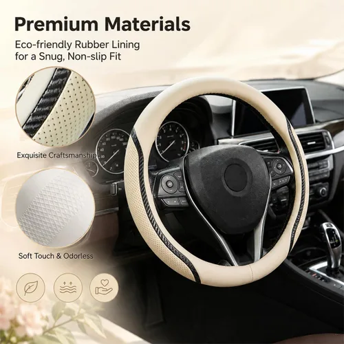 Miniatura 5 de Funda para Volante de Automóvil Color Beige, Fundas para Volante de 14.5-15 Pulgadas con Posavasos de Cuero de Microfibra Fibra de Carbono