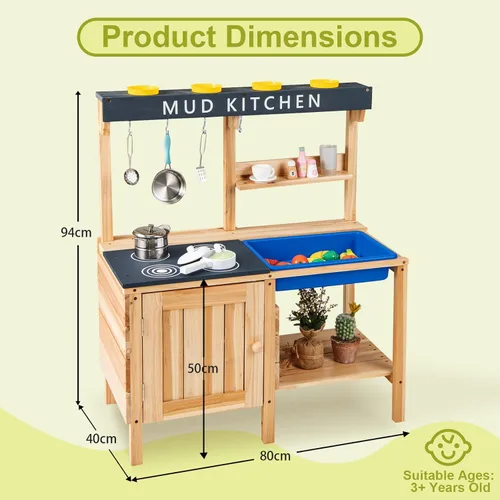 Miniatura 8 de HONEY JOY Cocina de barro, cocina de madera de cedro para niños pequeños, fregadero extraíble, accesorios de cocina, caja de maceta, armario