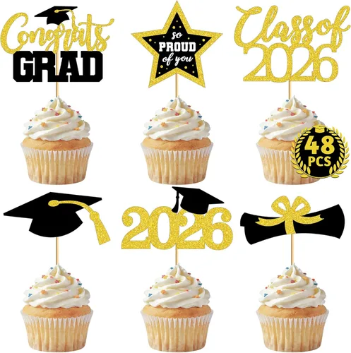 Miniatura 14 de 48 adornos para cupcakes de graduación, 6 estilos con purpurina, decoraciones de graduación en negro y rojo 2026, tapas y palillos para pasteles