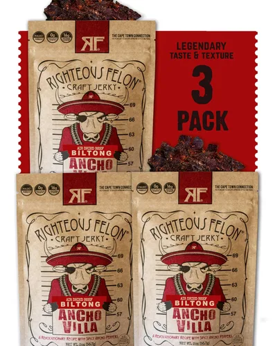 Righteous Felon Biltong Beef Jerky | Paquetes de bocadillos biltong sudafricanos para adultos | Alto en proteínas, apto para dieta cetogénica, bajo
