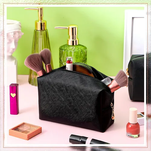 Miniatura 7 de 20 bolsas de maquillaje de piel sintética con cremallera, bolsas de maquillaje impermeables, contenedor de belleza para mujeres, regalos de Negro