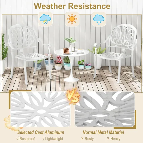 Miniatura 6 de Tangkula Juego de 2 sillas de comedor de aluminio fundido para patio, sillas de comedor apilables al aire libre con reposabrazos, sillas de bistró