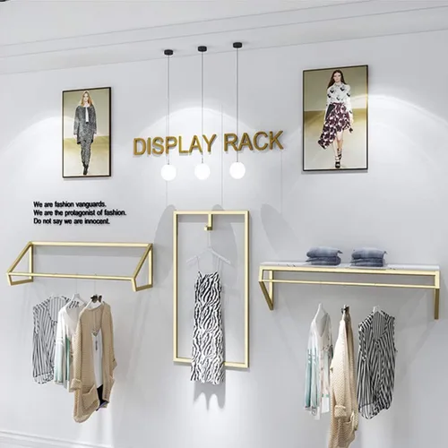 Miniatura 6 de Modern Simple - Estante de exhibición de metal resistente para hombres y mujeres, perchero de pared con madera, riel para ropa, toallero para colgar