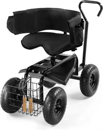 Outvita - Asiento de jardín con ruedas, taburete de jardinería con asiento giratorio ajustable en altura de 360 grados, respaldo ergonómico, bandeja