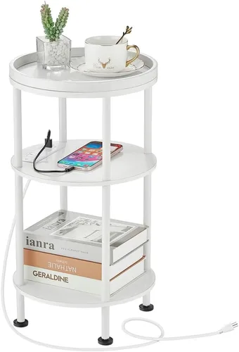 Miniatura 18 de Mesa auxiliar redonda pequeña con estación de carga para espacios pequeños, mesa decorativa de 3 niveles con puertos USB y tomas de corriente, mesa