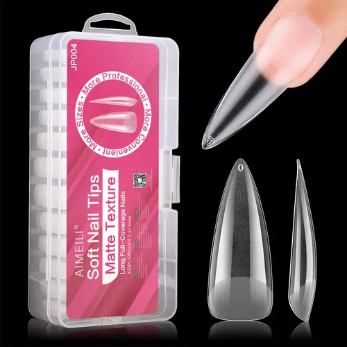 Miniatura 13 de AIMEILI 432 puntas de uñas postizas cortas de almendra, redondas, de cobertura completa, para extensión de uñas de remojo, uñas postizas acrílicas a