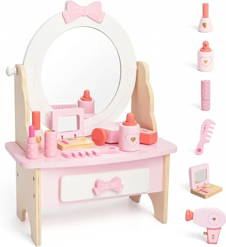 Miniatura 7 de Juego de tocador de madera para niños, juego de simulación con espejo, juego de salón de belleza, incluye accesorios de maquillaje, regalo