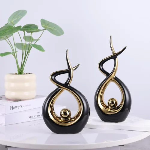 Miniatura 7 de Escultura moderna de cerámica abstracta dorada y negra, estatuas de Knick Knacks para sala de estar, estante, soporte de TV, mesa de café, comedor