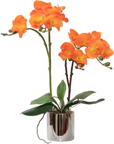 Miniatura 16 de CXGS Planta de orquídeas artificiales de tacto real, orquídeas falsas en jarrón de cerámica, naranja, 19.7 pulgadas, arreglo floral falso