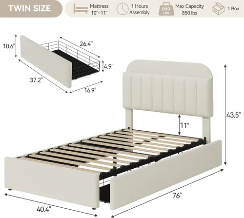 Miniatura 2 de IDEALHOUSE Base de cama individual para niños, cama plataforma tapizada con botones para niños/niñas con 2 cajones flexibles, cabecero tipo