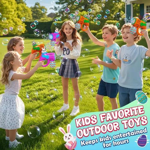 Miniatura 5 de Juguete de pistola de burbujas para niños, paquete de 2 sopladores de burbujas de conejo con 10 recambios de solución de burbujas, máquina