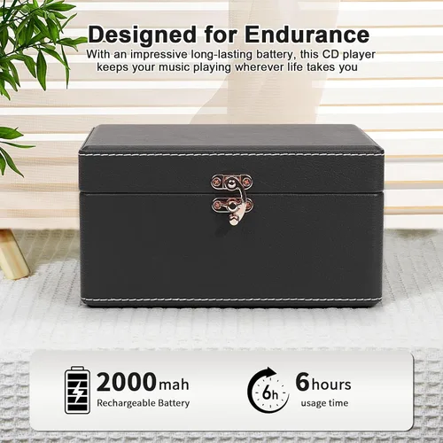 Miniatura 4 de Reproductor de CD portátil Bluetooth, reproductor de CD retro negro para reproductor de música en el hogar, batería recargable y altavoces