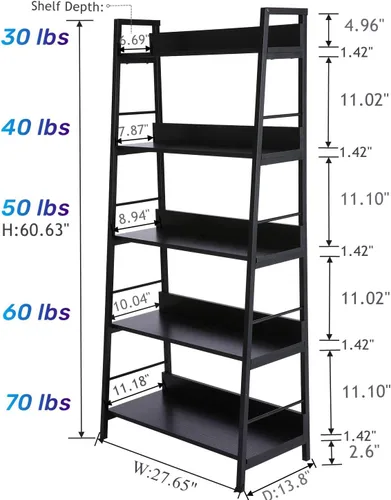 Miniatura 3 de Himimi Estantería de escalera negra alta y estante para libros de 5 niveles, estante industrial moderno de madera con marco de metal, estante