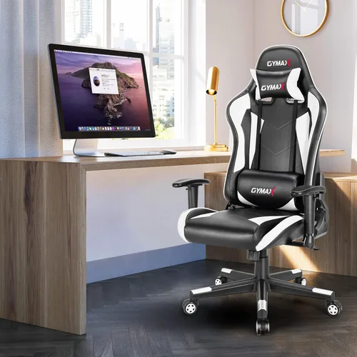 Miniatura 2 de GYMAX Silla de juegos de computadora, silla de oficina de estilo carreras con reposacabezas de soporte lumbar ajustable, giratorio de 360°, silla