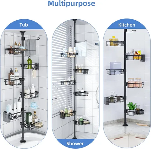 Miniatura 9 de GearFusion Organizador de ducha, poste de tensión, estante de ducha esquinero de 4 niveles a prueba de óxido con altura ajustable de 25 a 114