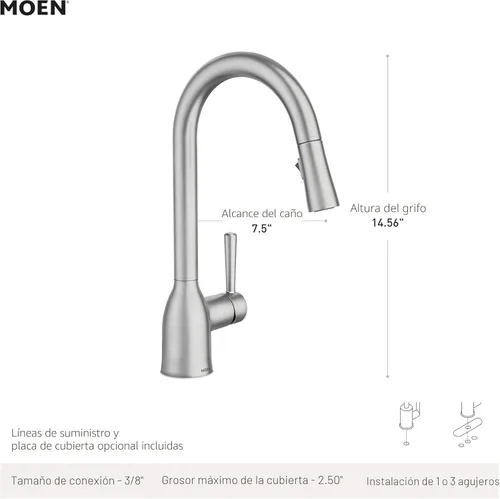 Miniatura 3 de Moen Adler - Llave de cocina de arco alto con una sola manija, resistente a manchas de acero inoxidable con limpieza eléctrica, 87233SRS Acero