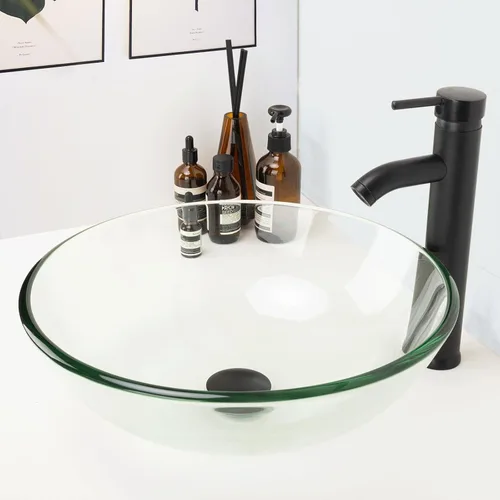 Miniatura 12 de Lavabo de Recipiente 16.5" Lavabos de Baño Vidrio Templado Verde Lavabo de Arte Cuenco Redondo con Combo de Grifo Verde, Lavabo de Encimera