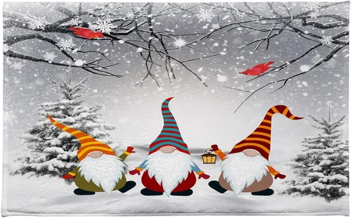 HVEST Alfombras de baño de invierno, gnomos y cardenales en bosque nevado para decoración de baño, tapete antideslizante de mármol de nieve de Gris