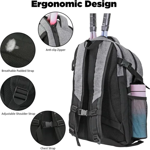 Miniatura 5 de Mochila para raqueta de tenis WOLT - Mochila grande para raqueta de tenis para hombres y mujeres - Compartimento ventilado para zapatos - Capacidad