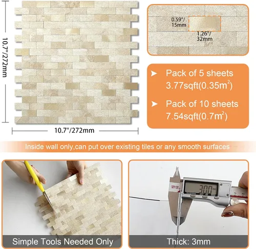 Miniatura 6 de VAOVI Adhesivo de pared de ladrillo con aspecto de mármol para despegar y pegar, azulejos de mosaico en muro de cocina y baño (5 hojas, mezcla beige)