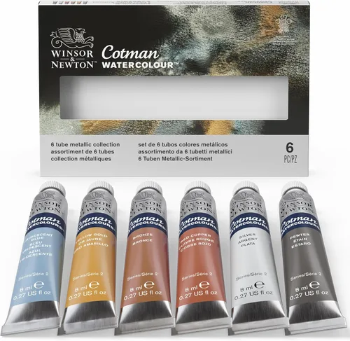 Winsor & Newton Cotman - Juego de pintura para acuarelas, 6 colores metálicos, tubos de 8 ml (0,27 oz)