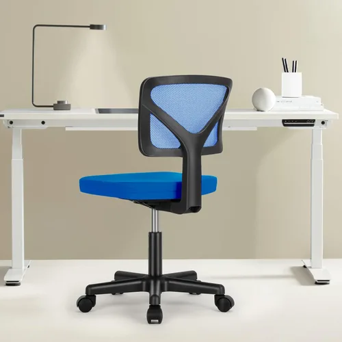 Miniatura 7 de Sweetcrispy Silla de oficina, ergonómica, de malla con respaldo bajo, giratorias, con ruedas, asiento cómodo sin brazos, soporte lumbar para el Azul