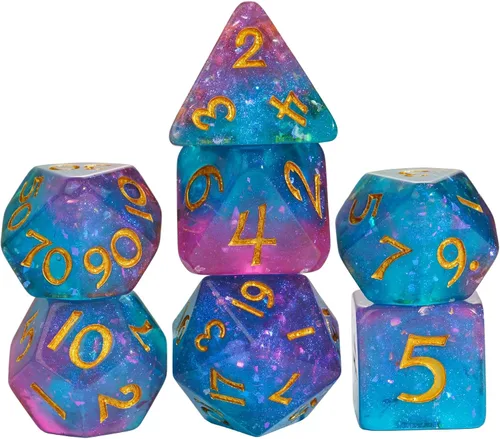 Miniatura 16 de Juego de dados de resina para DND, juego de 7 dados poliédricos negros D&D rellenos con papel de colores brillantes para juegos de rol