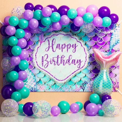 Miniatura 7 de Decoraciones de cumpleaños de sirena: 242 piezas de suministros para fiesta de Girs y juego de vajilla desechable (25 invitados), incluye platos