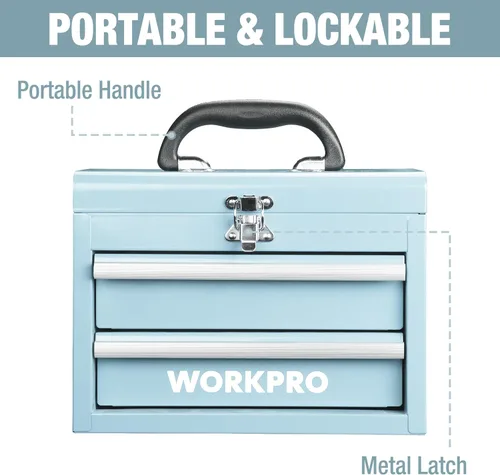 Miniatura 3 de WORKPRO Caja de herramientas portátil mini, caja de herramientas metálica con 2 cajones y guías con rodamientos de bolas, almacenamiento superior
