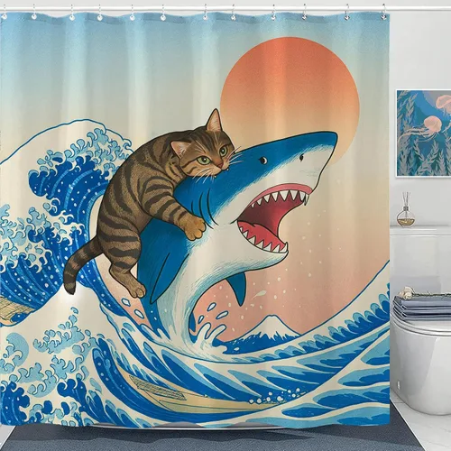 Miniatura 12 de Juego de cortinas de ducha relajadas con diseño de ondas de arte japonés impermeable, cortina de ducha para baño, divertida escena de vacaciones