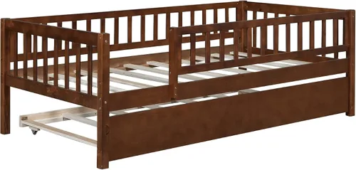 Miniatura 8 de Harper & Bright Designs Sofá cama individual con nido, marco de cama infantil de madera tamaño individual con valla, cama nido individual