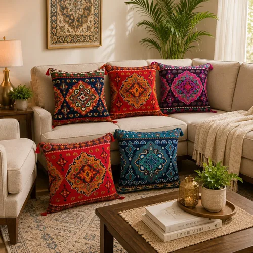 Miniatura 3 de Juego de 5 fundas de almohada étnicas indias para sofá, decoración de árabe occidental, juego de 5 fundas coloridas de estilo bohemio para sofá