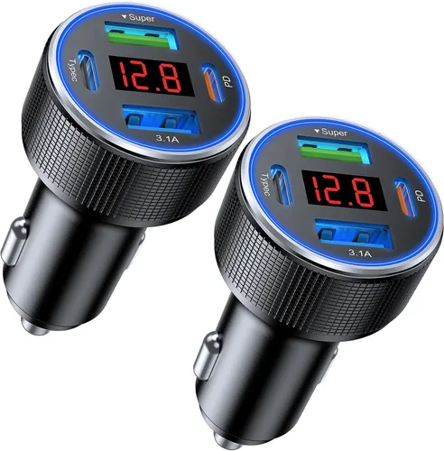 Miniatura 10 de Cargador de coche USB C de carga rápida, 4 puertos 78 W cargador de teléfono de coche de metal con voltímetro, 2 USB-C y 2 USB-A 12 V-24 V cargador