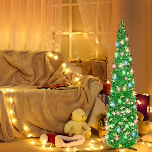 Miniatura 6 de Árbol de Navidad desplegable de 5 pies con 90 luces LED, árbol de Navidad plegable con trineo de lentejuelas y oropel delgado tipo lápiz