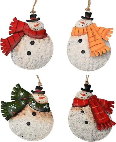 Miniatura 5 de Linfevisi Paquete de 4 adornos colgantes de muñeco de nieve de Navidad de metal, mini adornos de árbol de Navidad, adornos de muñeco de nieve, mini