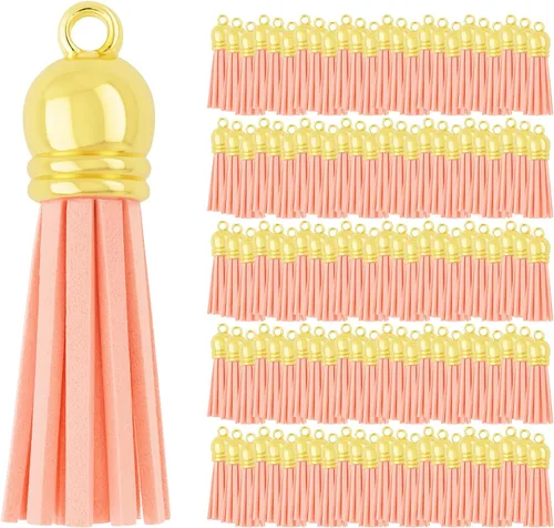 Miniatura 119 de Mandala Crafts 100 borlas de gamuza sintética color aguamarina con tapa dorada, suministros para hacer llaveros a granel, pequeñas borlas de cuero