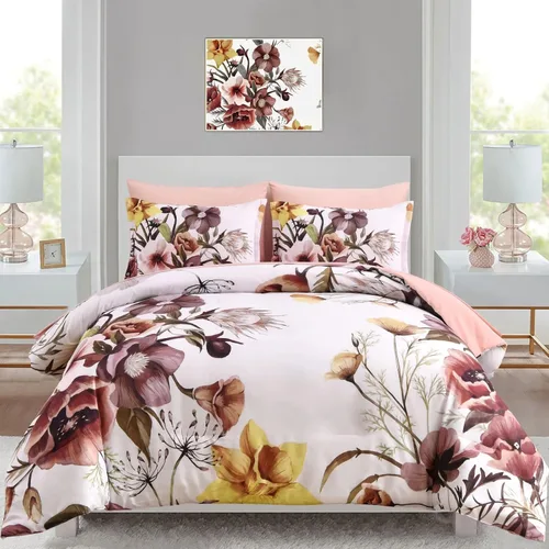 Miniatura 9 de Luxudecor Juego de edredón floral tamaño King de 7 piezas, cama de flores azul marino en una bolsa, elegante edredón floral con juego de sábanas