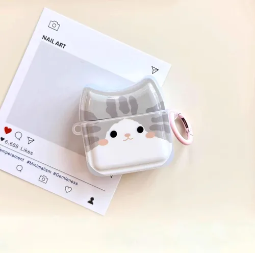 Miniatura 7 de Funda para auriculares de gato gris sonriente para AirPods 1/2, bonita y encantadora cara de gato feliz, funda de silicona TPU suave, funda