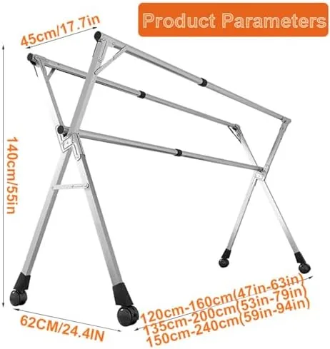 Miniatura 6 de Collapsible Stainless Steel Clothes Drying Rack – Adjustable & Foldable Laundry Rack with 20 Windproof Hooks – Space-Saving Garment Dryer for Indoor